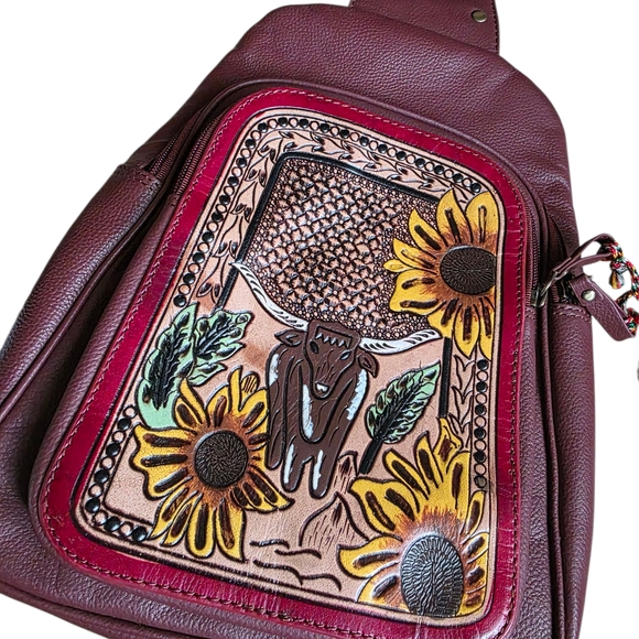 Myra Bag Leather Sling Bag With Steer And Sunflowers! Absolutely Beautiful! - Picture 2 of 9